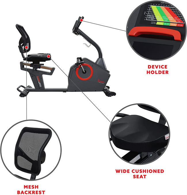 Sunny Health & Fitness Programmable Recumbent Exercise Bike with Optional Exclusive and Enhanced Bluetooth Connectivity (Smart)