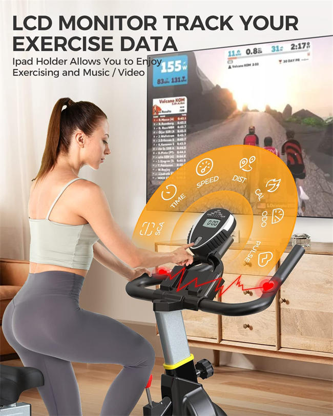 Magnetic Resistance Indoor Cycling Bike, Belt Drive Indoor Exercise Bike Stationary LCD Monitor with Ipad Mount ＆Comfortable Seat Cushion for Home Cardio Workout Cycle Bike Training 2022 Upgraded Version