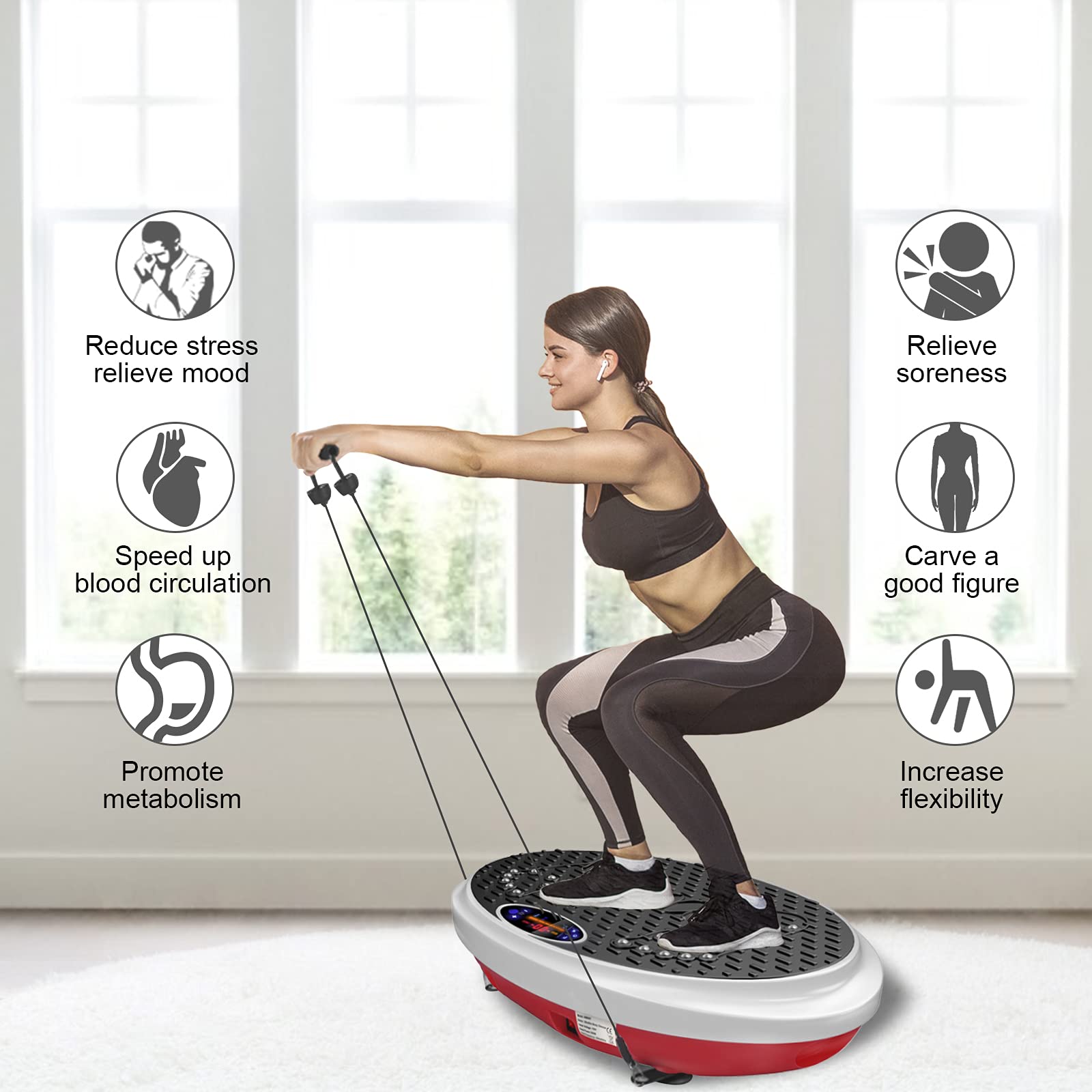 Real Relax Vibration Plate Exercise Machine Whole Body Workout for Home Strenuous Exercise for Weight Loss & Toning with Resistance Band, Remote Control and Support 330Ibs, Red & White