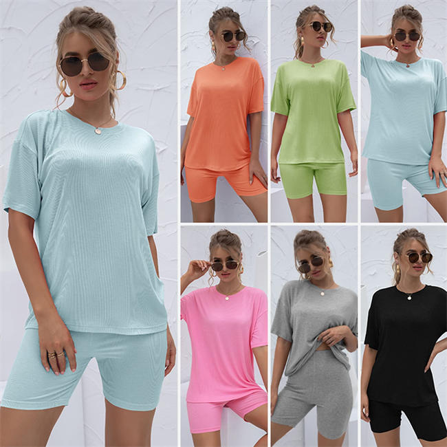 Womens 2 Piece Casual Workout Tracksuit-Summer Shirt Jogger Sportswear Biker Set Activewear