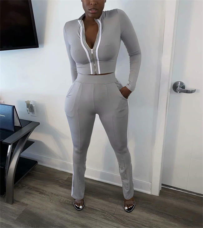 Women Tracksuit Two Piece Outfits Zip-Up Bodycon Crop Jacket Bootcut Pants Jogging Set Sportswear with Pockets